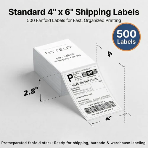 Vista 2 de Etiquetas térmicas de envío 4x6 Fanfold 500, grado comercial