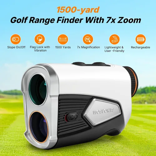 Vista 2 de WOSPORTS Golf Rangefinder with Slope, 1500-Yard Pin Lock Vibration Range Finder(Feet/Meters/Yards), 7X Magnification, Magnetic Mount, Rechargeable