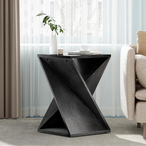 Vista 6 de COZAYH Mesa auxiliar cuadrada de madera maciza estilo granja, soporte rústico para plantas con diseño trenzado para sala de estar, dormitorio, Negro