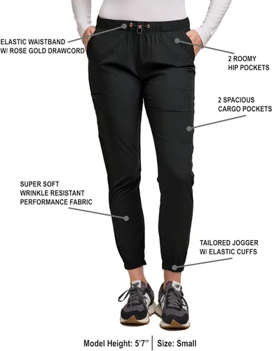 Vista 3 de Pantalones quirúrgicos Green Town para mujer - Pantalón quirúrgico jogger, bolsillos cargo, tela elástica, cordón de ajuste, fácil cuidado Negro