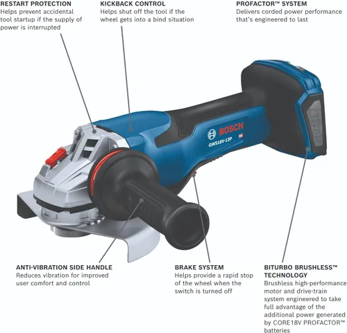 Vista 2 de Bosch GWS18V-13PN PROFACTOR™ Amoladora angular de 18V de 5 a 6 pulgadas sin interruptor de paleta de bloqueo (herramienta desnuda)