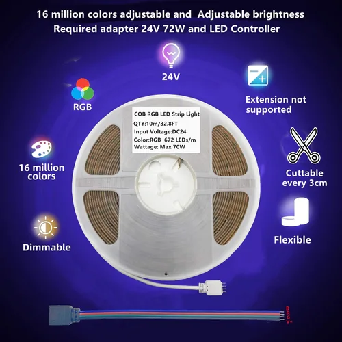 Vista 4 de GIDEALED Tira de luz LED COB RGB de 24 V, 32.8 pies, 16 millones de colores RGB cambiantes, tira de luz LED COB flexible de alta densidad de 6720