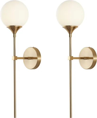 Vista 13 de KCO Mid-Century - Juego de 2 apliques de pared modernos con globo de vidrio ámbar con brazo largo, lámparas de pared industriales doradas