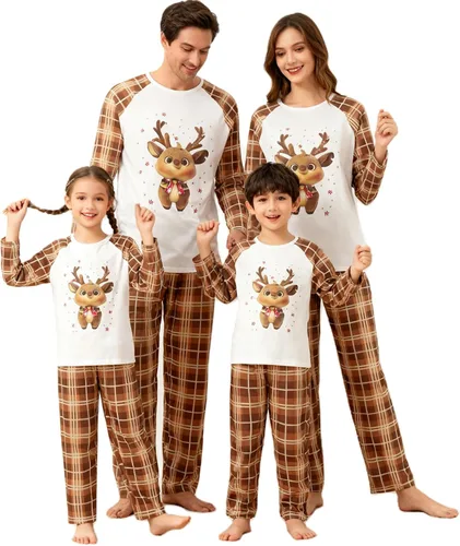Vista 27 de Awoscut - Conjunto de pijamas navideños a juego, con estampado en la parte superior y pantalones a cuadros #B-7