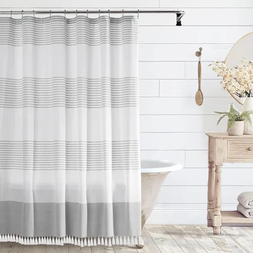 Vista 12 de bufftieo Cortina de ducha en blanco y negro para baño con diseño bohemia a rayas, cortina de ducha de tela moderna con borlas estilo granjero - 54