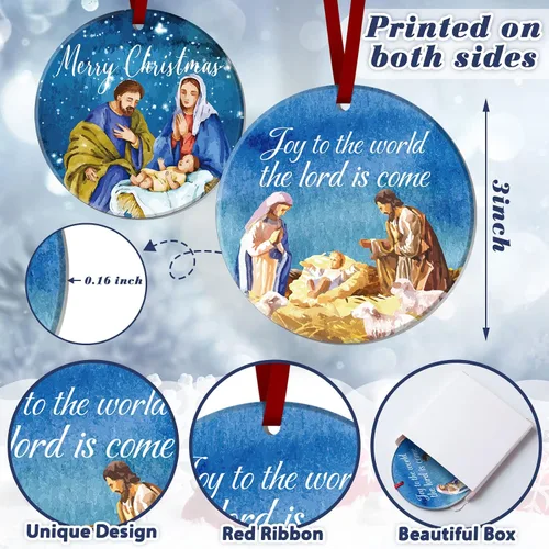 Vista 3 de Karenhi 6 piezas de adornos navideños de escena del nacimiento de Jesús, regalos religiosos, adorno navideño colgante de cerámica, escena