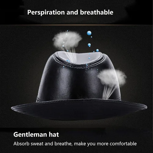 Vista 3 de Sombrero de cuero negro para hombre, sombrero de cuero de oveja vintage, sombrero clásico de cuero de Fedora de caballero para hombre, sombrero