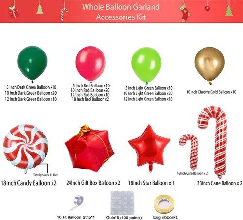 Vista 3 de Kit de arco de guirnalda de globos de Navidad con globos de Navidad, rojo, dorado, verde oscuro, globo verde fresco y globos de caramelo, caja