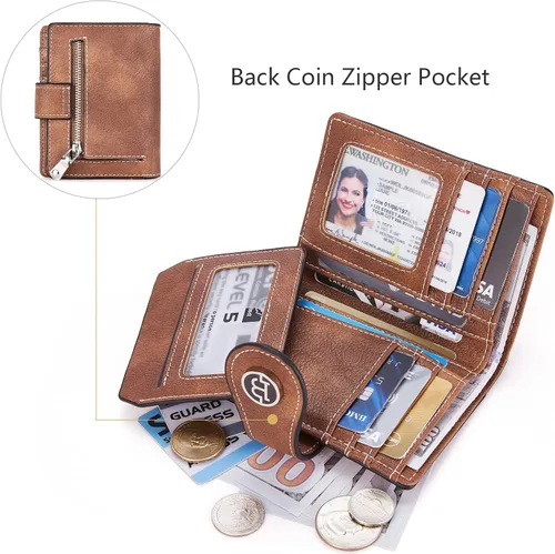 Vista 4 de BROMEN Billeteras pequeñas para mujer, con bloqueo RFID, de cuero, plegable, con cremallera, bolsillo para monedas, tarjetero con ventanas