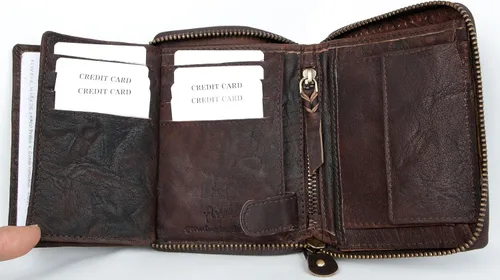 Vista 5 de FLW Cartera grande de piel auténtica engrasada con cremallera y tiburón marrón oscuro, Marrón oscuro, Cartera con cremallera