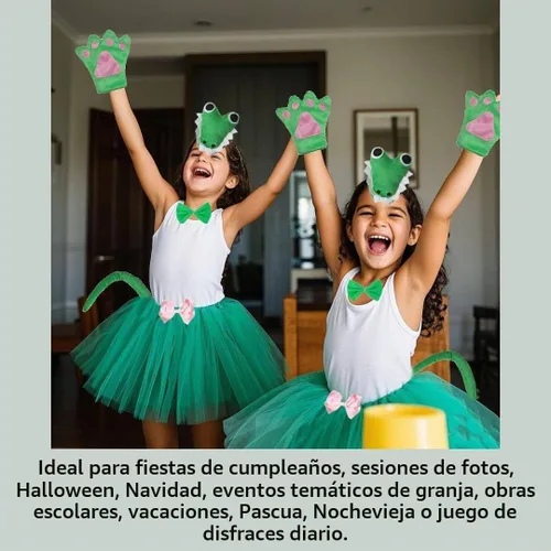 Vista 8 de Kirei Sui Disfraz de animal para niños, diseño de cocodrilo, tutú verde, diadema, pajarita, cola y patas