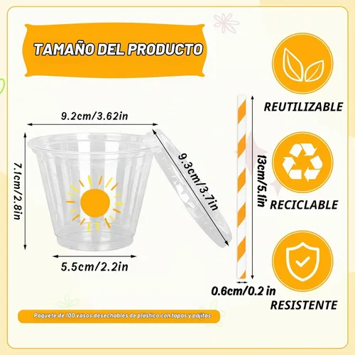 Vista 2 de Whaline 100 vasos de plástico desechables estilo bohemio de 9 onzas con tapas y pajitas, lindos vasos de bebida fría con sol amarillo para café