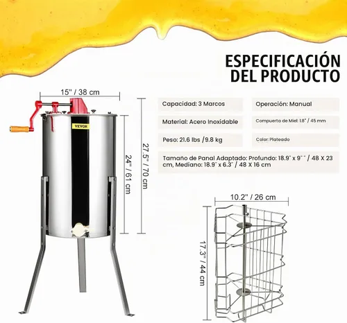 Vista 7 de VEVOR Extractor de Miel de 3 Marcos, Extracción Manual de Apicultura de Acero Inoxidable, Centrifugador de Tambor de Panal con Tapa Transparente