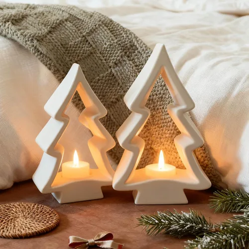 Vista 4 de AceOrbit 2 portavelas de árbol de Navidad, portavelas de madera blanca, candelabros rústicos de madera para decoración de mesa de Navidad, centro