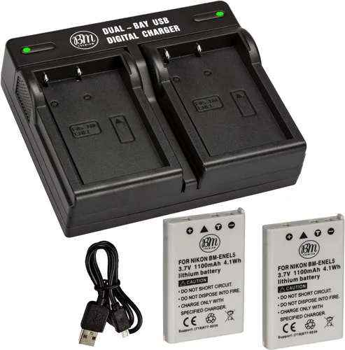 Vista 2 de BM - Paquete de 2 baterías EN-EL5 y cargador de batería dual USB para cámara digital Nikon Coolpix P80, P90, P100, P500, P510, P520, P530