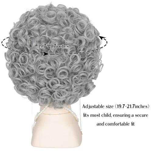 Vista 4 de M MISS U HAIR Disfraz de anciana para niños y niñas, para 100 días de escuela y abuela, peluca corta y rizada gris para Halloween