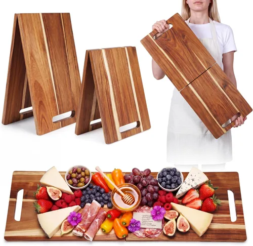Vista 8 de Bokon 2 tablas de madera de acacia para charcutería con asa, bandeja de madera rectangular con mango hueco, bandeja de madera para servir queso
