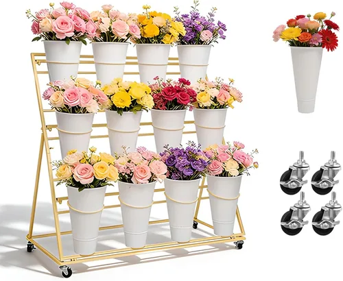 Vista 10 de Soporte de exhibición de flores de 3 niveles, soporte móvil de metal para plantas con 12 cubos, carrito de flores con ruedas, adecuado