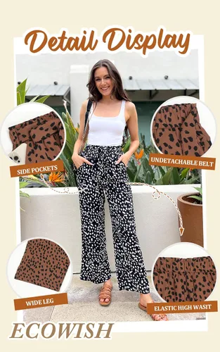 Vista 5 de ECOWISH - Pantalón para mujer, de algodón suave, estilo palazzo de pernera ancha con bolsillos, cintura alta, informal, holgado y con cinturón