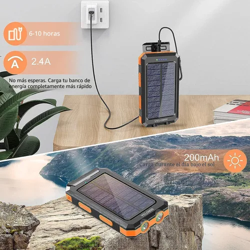 Vista 4 de Cargador solar de 20000 mAh, cargador portátil con 4 cables integrados y entrada USB-C, linternas de emergencia duales, batería impermeable