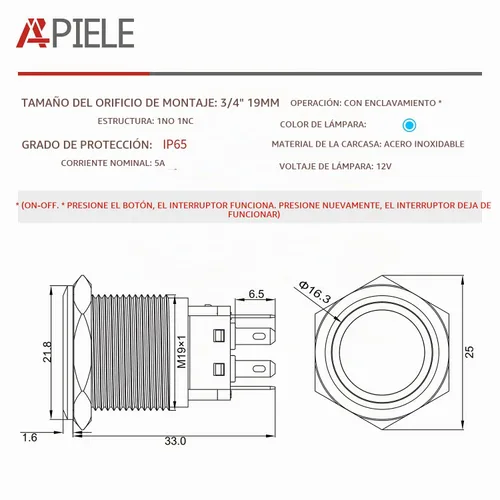 Vista 2 de APIELE Interruptor de botón de cierre de 0.748 in, 12 V - 24 V CC LED SPDT 1NO1NC, interruptor de botón de metal de acero inoxidable con coleta, 6