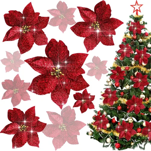 Vista 8 de Syhood 30 Piezas Flores de Pascua con Purpurina de 5.1 Pulgadas Adornos para Árbol de Navidad Flores de Pascua Artificiales para Boda Flores