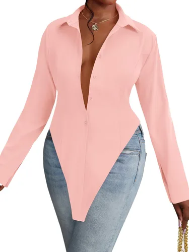 Vista 16 de OPOIPIN Blusa de manga larga con cuello en V para mujer, con botones, dobladillo con abertura
