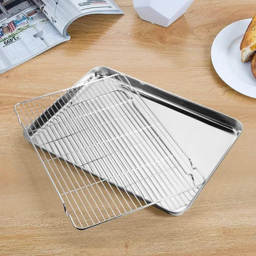 Vista 5 de Yododo - Juego de bandeja para hornear con estante de refrigeración (2 sartenes + 2 estanterías), bandeja para hornear galletas de acero inoxidable