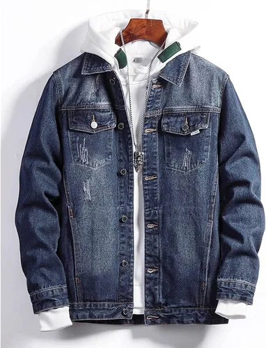 Vista 3 de JEKE-DG Chaqueta de mezclilla con capucha para hombre, estilo vintage, desgastada, estilo aviador, estilo vaquero, casual, militar, táctica