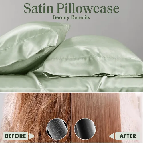 Vista 23 de Madison Park Essentials - Juego de sábanas de satén de lujo y sedoso con brillo natural, bolsillo elástico de 14 pulgadas para colchones de hasta 16