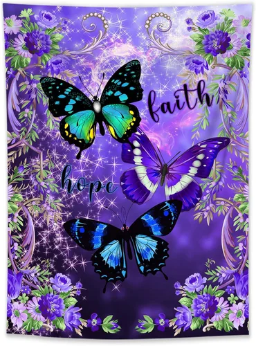 Vista 8 de LB Tapiz pequeño de mariposa colorido para colgar en la pared, diseño psicodélico de flores silvestres 3D, mariposas de fantasía floral, arte