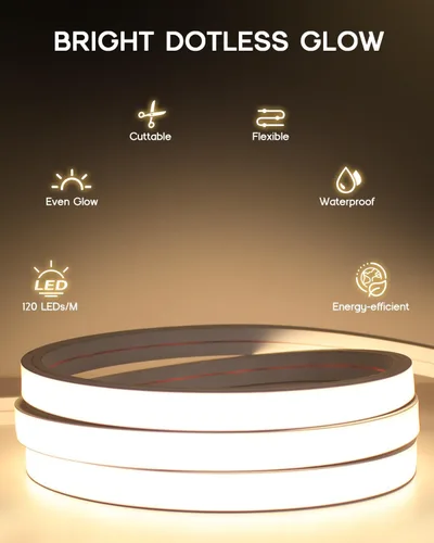 Vista 2 de Tira de luces LED de 9.8 pies, 110-120 V, cuerda de luces de neón de silicona regulables, tira de luces de neón flexibles e impermeables