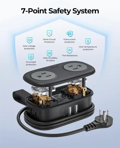Vista 5 de Regleta de alimentación de viaje, ORICO 4 tomas de corriente 3 puertos USB (1 USB C) con cable de extensión corto envuelto de 4 pies, regleta