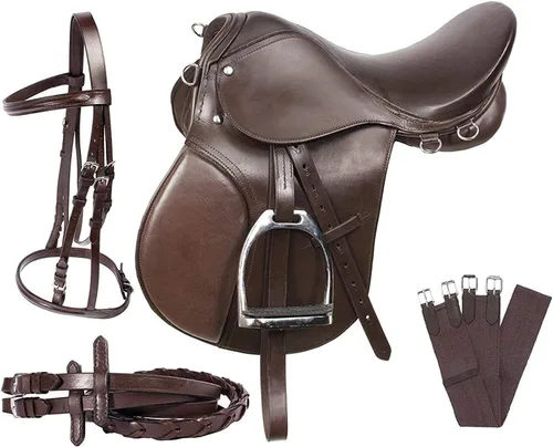 Vista 2 de Sillín de cuero genuino para montar a caballo, kit de inicio de silla de montar a caballo, color marrón, paquete combinado de 7 piezas