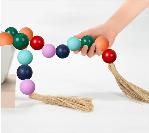 Vista 121 de OMISHE Guirnalda de cuentas de madera extra grande con cuentas de madera y borlas de 1.6 pulgadas de diámetro, cuentas decorativas rústicas de 41