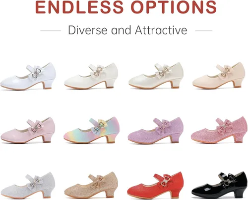 Vista 6 de Dufannie Zapatos de vestir para niñas, zapatos de tacón bajo de princesa, zapatos planos con purpurina para bodas y fiestas