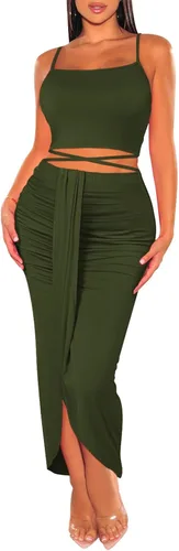 Vista 9 de Conjunto sexy de pollera larga de dos piezas, con división, sin mangas, algodón, para mujer