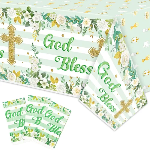 Vista 10 de Paquete de 3 manteles azules para fiesta de bautismo para bebé, decoración con temática de flores, desechables, de plástico, impermeables