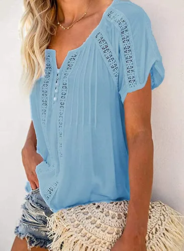 Vista 5 de Cisisily - Blusas de ganchillo y encaje, camiseta con estilo casual y cuello en V para mujer
