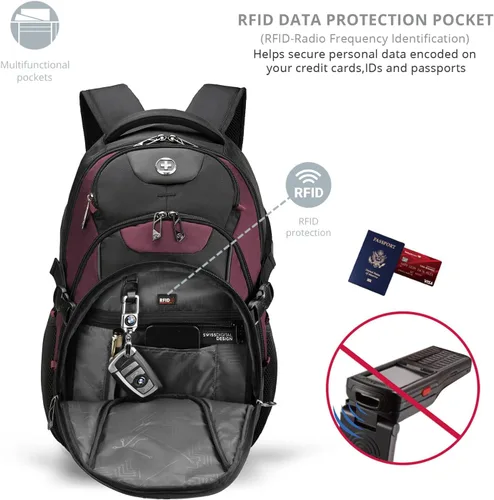 Vista 9 de swissdigital Mochila para portátil de viaje de negocios, para hombre y mujer, con puerto de carga USB inteligente, compatible con portátiles de 15.6