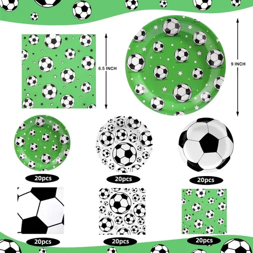 Vista 2 de 120 piezas de decoración de fiesta de fútbol, suministros de fiesta de cumpleaños de fútbol, juego de vajilla desechable con estampado de fútbol