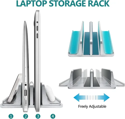 Vista 2 de Soporte vertical para computadora portátil para escritorio de metal resistente, 4 ranuras ajustables 4 en 1 vertical MacBook Stand Rack Pro Soporte
