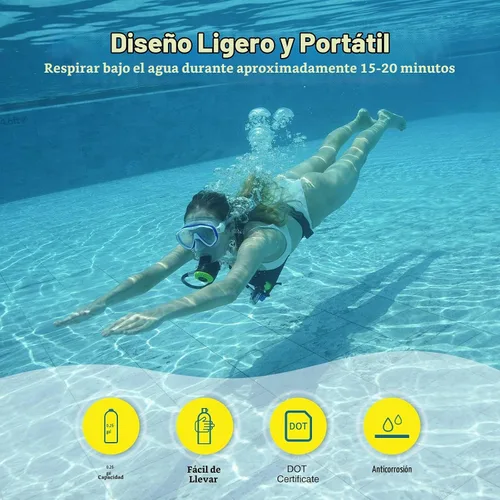 Vista 2 de Mini tanque de buceo de 1L con 15-20 minutos Mini tanque de buceo con bomba Tanque de oxígeno portátil para buceo Tanque subacuático Paquete