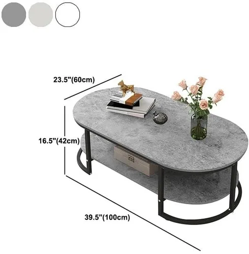 Vista 2 de Mesa auxiliar, moderna y ovalada, mesa de centro minimalista de madera para sala de estar, almacenamiento gris oscuro incluido, 39.5 pulgadas