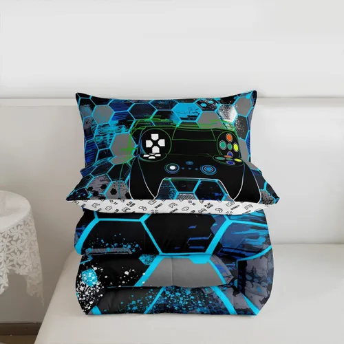 Vista 6 de Manfei Juego de edredón moderno de 2 piezas con estampado de consola de videojuegos de panal azul con 1 funda de almohada, juego de ropa de cama