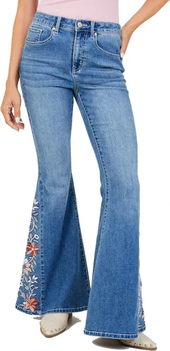 Vista 2 de ALTAR'D STATE Jeans de talle alto para mujer, mezclilla rasgada con cierre de botón, azul y negro