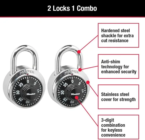 Vista 2 de Candado de combinación de casillero de gimnasio negro Master Lock, candado de combinación interior con código de 3 dígitos preestablecido