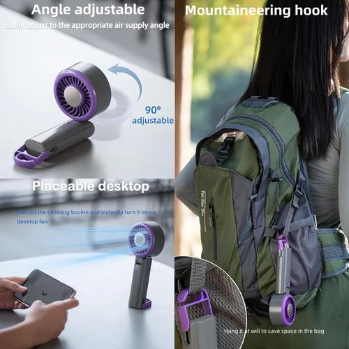 Vista 5 de Ventilador turbo portátil de mano, mini ventilador plegable, ventiladores pequeños, colgar el cuello, batería recargable, 5 ajustes de velocidad