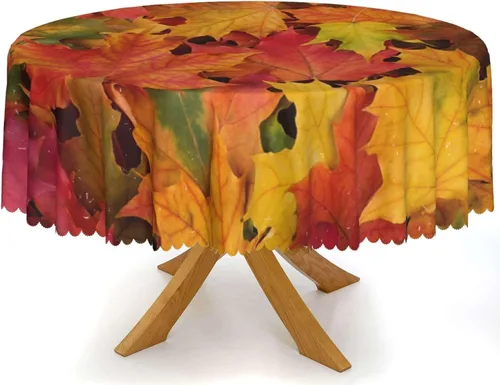 Vista 2 de Manteles redondos con temática de hojas de otoño, 48 pulgadas, tela impermeable, decorativo, reutilizable, lavable, a prueba de derrames, resistente
