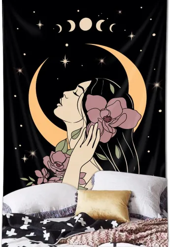 Vista 6 de Riyidecor Tapiz vertical de mujer misteriosa de fase lunar, bohemio, pequeño, gótico, para colgar en la pared, plantas florales, hojas estrelladas